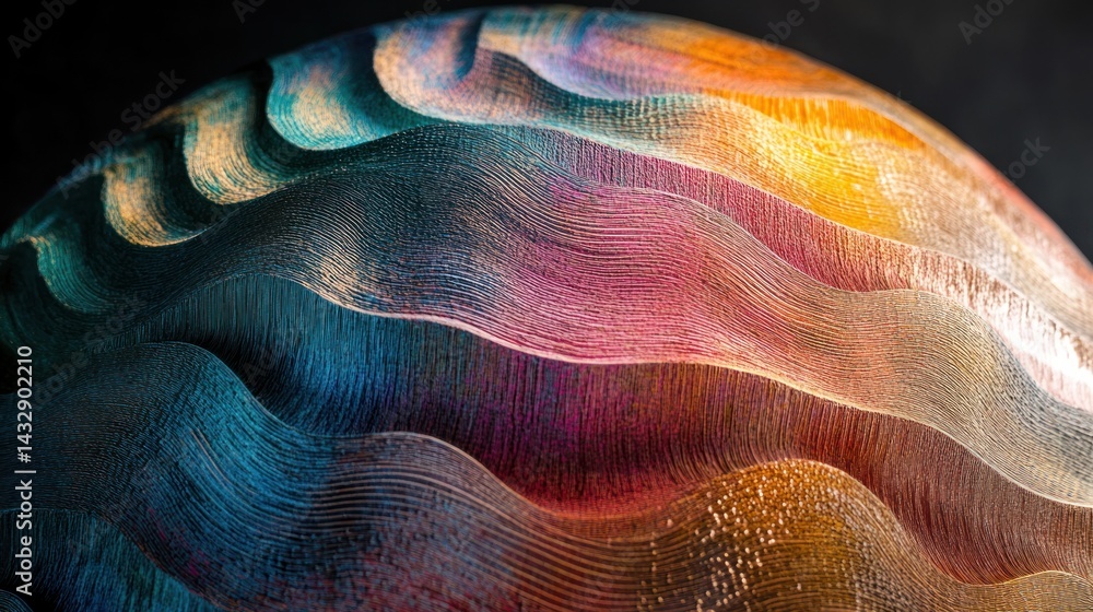 Poster close-up of a colorful, textured sphere with wavy, layered patterns and metallic sheen.