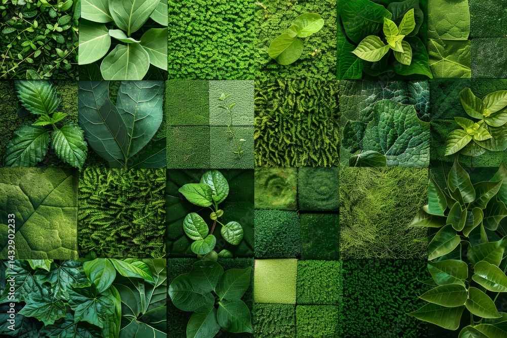 Poster a vibrant patchwork of green foliage, featuring various textures and patterns, patchwork of differen