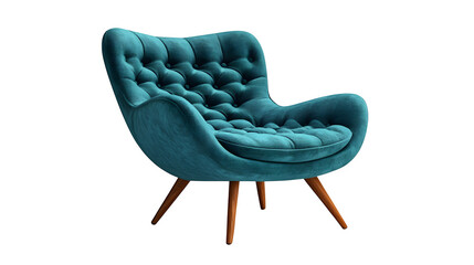 Comfortable turquoise armchair with wooden legs isolated on white background