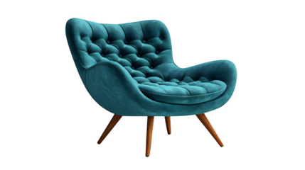 Comfortable turquoise armchair with wooden legs isolated on white background