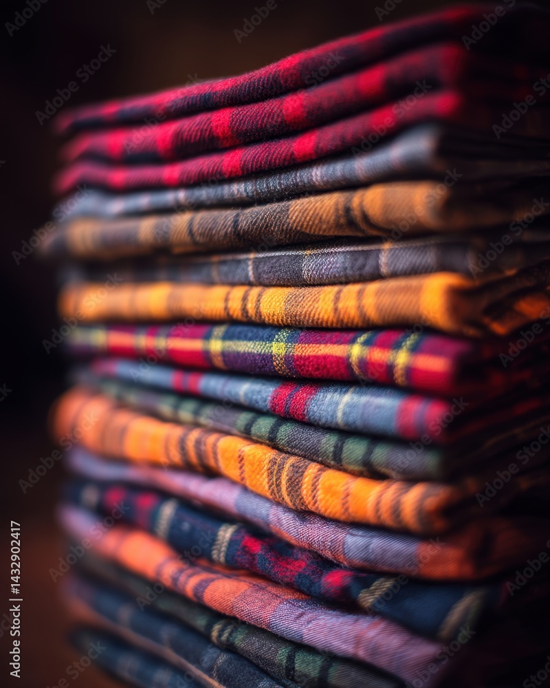 Poster stack of folded plaid flannel shirts in warm tones displaying a variety of colors and patterns in a 