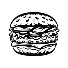 Monochrome Burger Illustration, Line Art Style, Fast Food Icon, Isolated on White