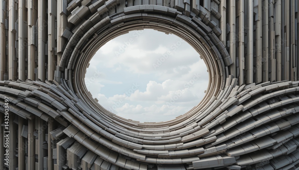 Poster innovative architectural design featuring circular structure urban setting modern art installation o