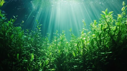 Fototapeta premium Underwater sunbeams illuminating lush aquatic plants.