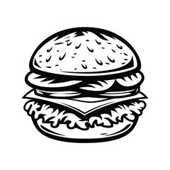 Monochrome Burger with Detailed Layers, Line Art Isolated on White Background