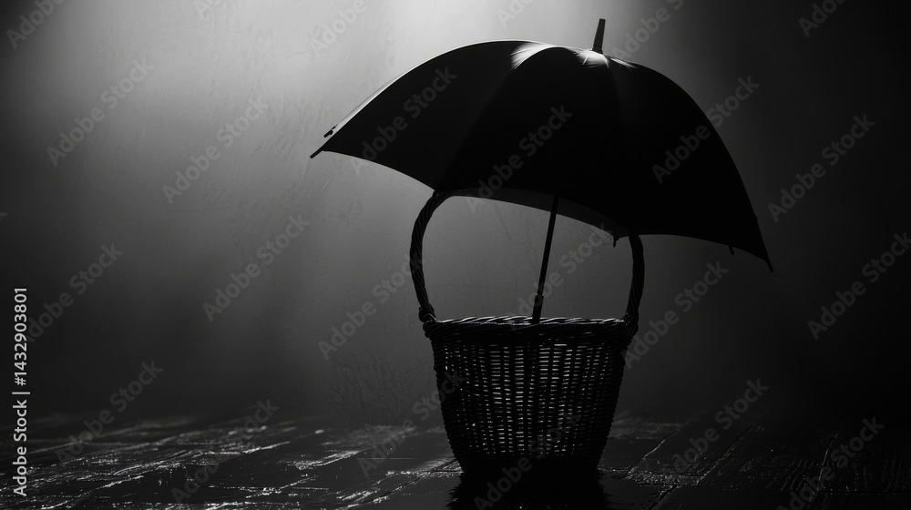 Poster a black and white image of a basket with an umbrella, creating a mysterious atmosphere.