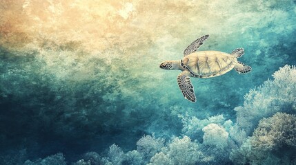 Obraz premium Sea turtle swims gracefully underwater with sunlight filtering through the ocean surface.