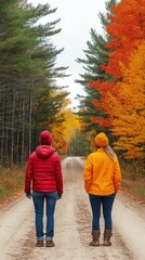 Fototapeta premium Two friends on a captivating autumn road trip amidst vibrant foliage and serene forest landscape offering a peaceful escape into nature