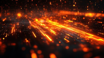 Fototapeta premium Abstract fiery streaks on dark surface with glowing particles