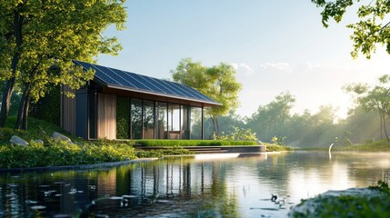 Obraz premium Modern eco-friendly house by lake at sunrise.