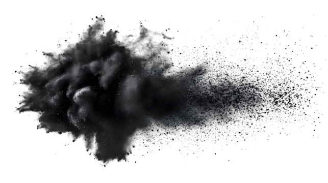 Black chalk pieces and powder flying, explosion effect isolated on white background
