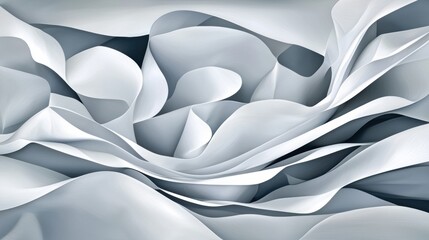 A digital illustration of a flowing, abstract design in shades of gray and white.