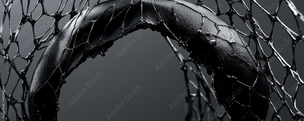 Poster a close-up image of a black tire encased in a textured net material, highlighting details.