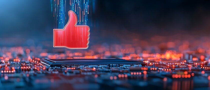 Thumbs up icon on a CPU. Flowing binary code. Technology, connection, networking