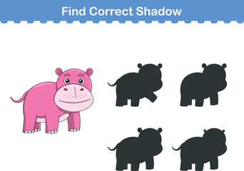 Funny cartoon hippopotamus. find the correct shadow. Kids Education games. Cartoon vector illustration