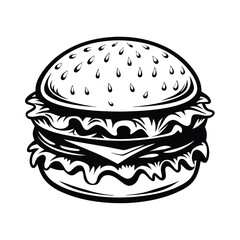 Monochrome Burger Icon, Detailed Food with Toppings and Layers Outline Style