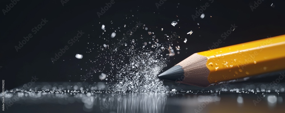 Poster a close-up of a yellow pencil tip creating dust on a reflective surface.