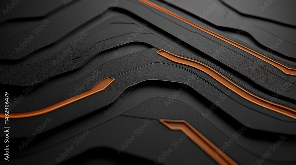 Poster abstract geometric design with black and orange lines forming a complex pattern.