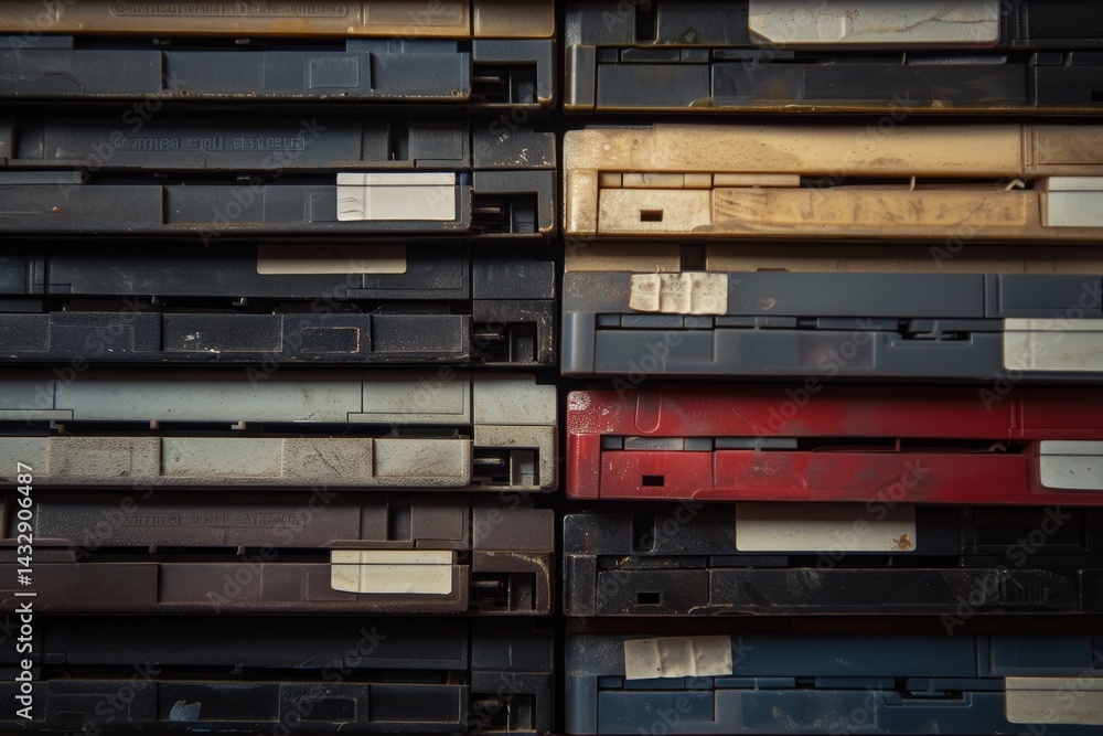 Fototapete close-up of a stack of vintage floppy disks, their labels faded with age, a testament to the evoluti