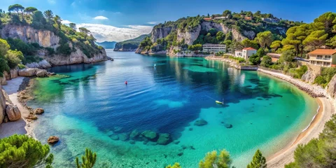 Panoramic view of a secluded cove with turquoise waters and powdery white sand beach surrounded by limestone cliffs and lush greenery, villefranche-sur-mer, cote