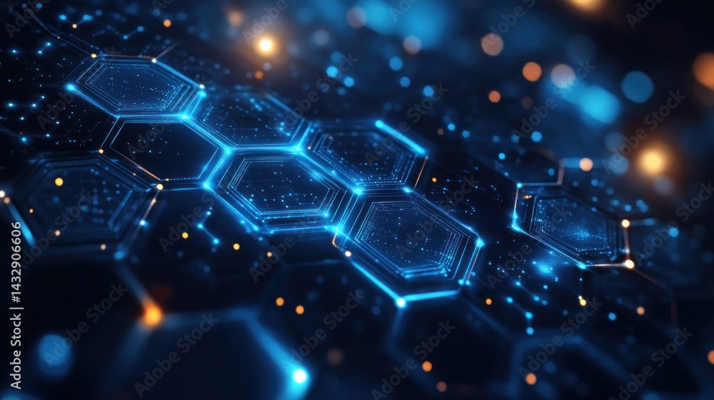 Poster abstract hexagonal network, data flow, futuristic technology, glowing lights