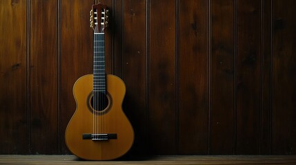 Fototapeta premium Acoustic guitar leaning against a wooden wall on a wooden floor.