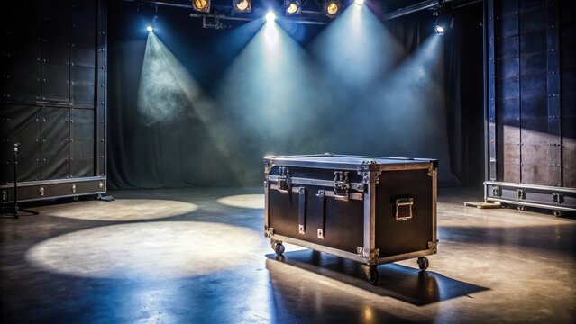 A dimly lit backstage area with a flightcase open on the floor