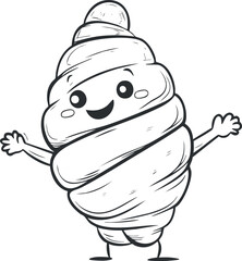 Black and white cartoon illustration of a happy croissant with a smiling face and open arms