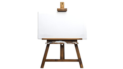 Blank wooden easel holding a white canvas, ready for artistic creation, isolated on white background