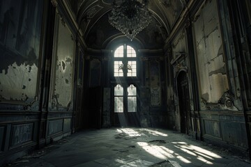 Fototapeta premium A shaft of sunlight penetrates the darkness of a decaying hallway, casting long shadows on the peeling walls, Highlight the contrast between light and shadow in Gothic interiors