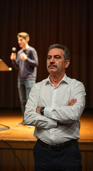 Obraz premium Speaker presenting on stage with attentive audience member 