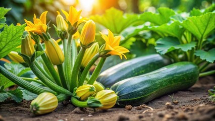 Fresh zucchini plant in a vegetable garden with bright yellow flowers and lush green leaves