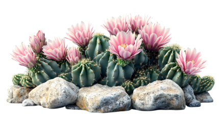 Blooming cactus with pink flowers and green pads, isolated on white background
