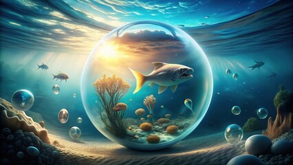 A close-up of a healthy tooth and gums inside a water bubble with a few fish swimming around it, aquatic life, underwater scene