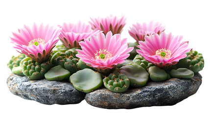 Fototapeta premium Blooming cactus with pink flowers and green pads, isolated on white background
