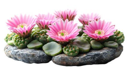 Blooming cactus with pink flowers and green pads, isolated on white background