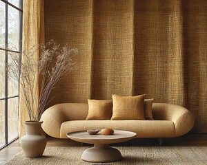 Warm, earthy living room featuring a textured sofa and curtains