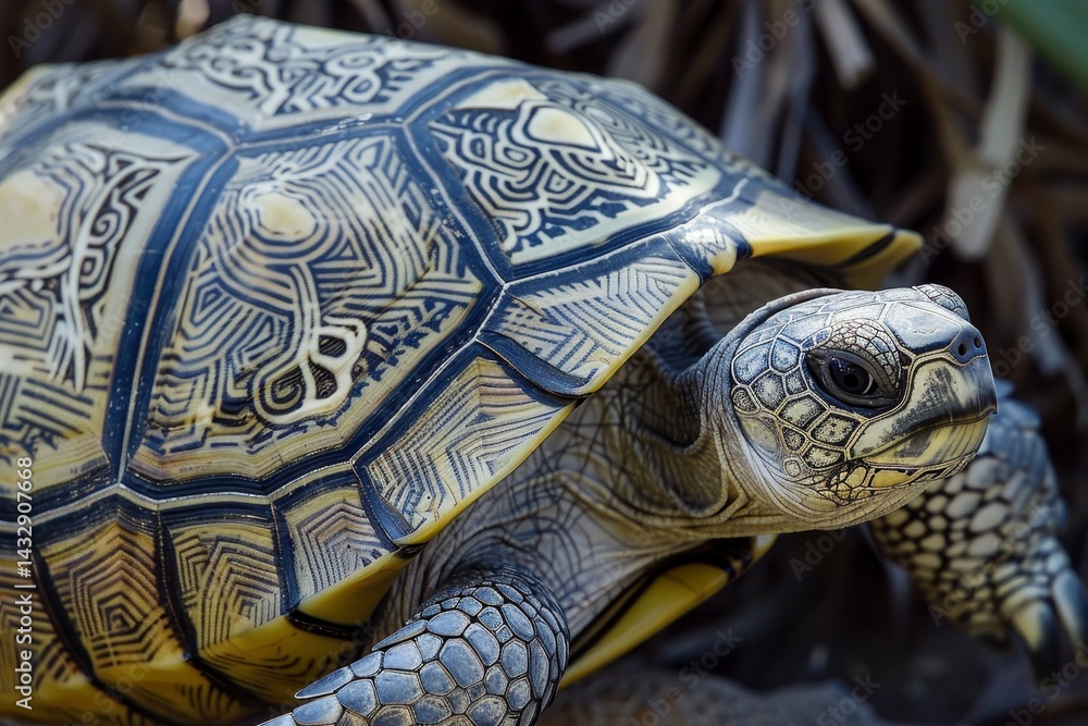 Poster a close-up photograph of a turtle with a detailed, geometric pattern on its shell, a turtle with int