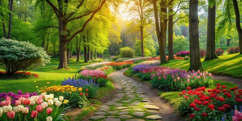 Vibrant blooming flowers in a lush green meadow surrounded by tall trees and a winding stone path, nature, springtime