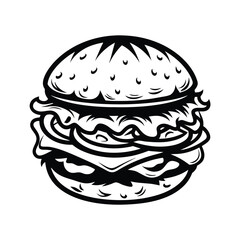 Detailed Black & White Burger with Bun, Patty, and Leafy Greens