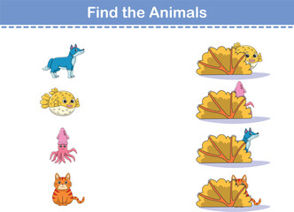 Find Hiding Animals. Child Exercise Sheet with wild animals. Printable worksheet. Cartoon vector illustration