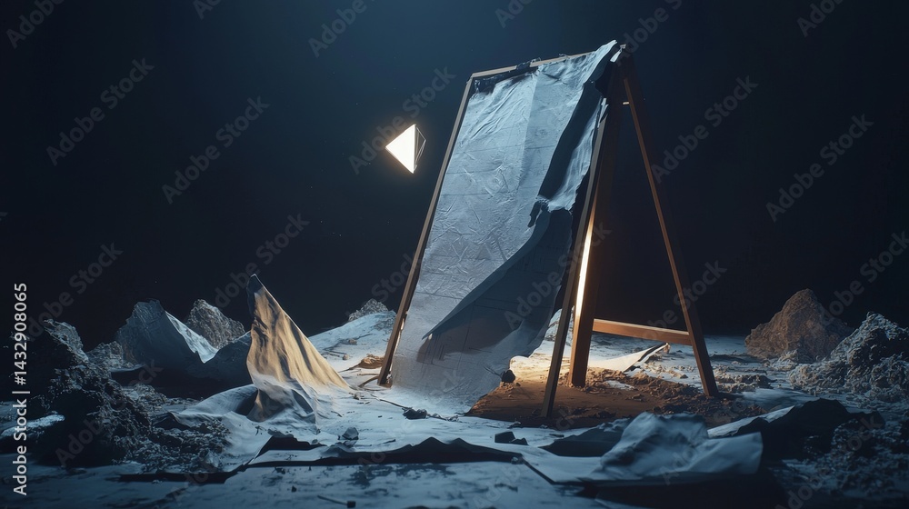 Aufkleber a creative setup highlighting a canvas and scattered materials in a dim environment.