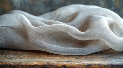 Soft, Light Gray Fabric Draped on Rustic Wooden Surface