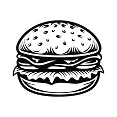 Monochrome Classic Burger Icon Sesame Bun, Patty, Lettuce, Isolated on White. 87 Chars