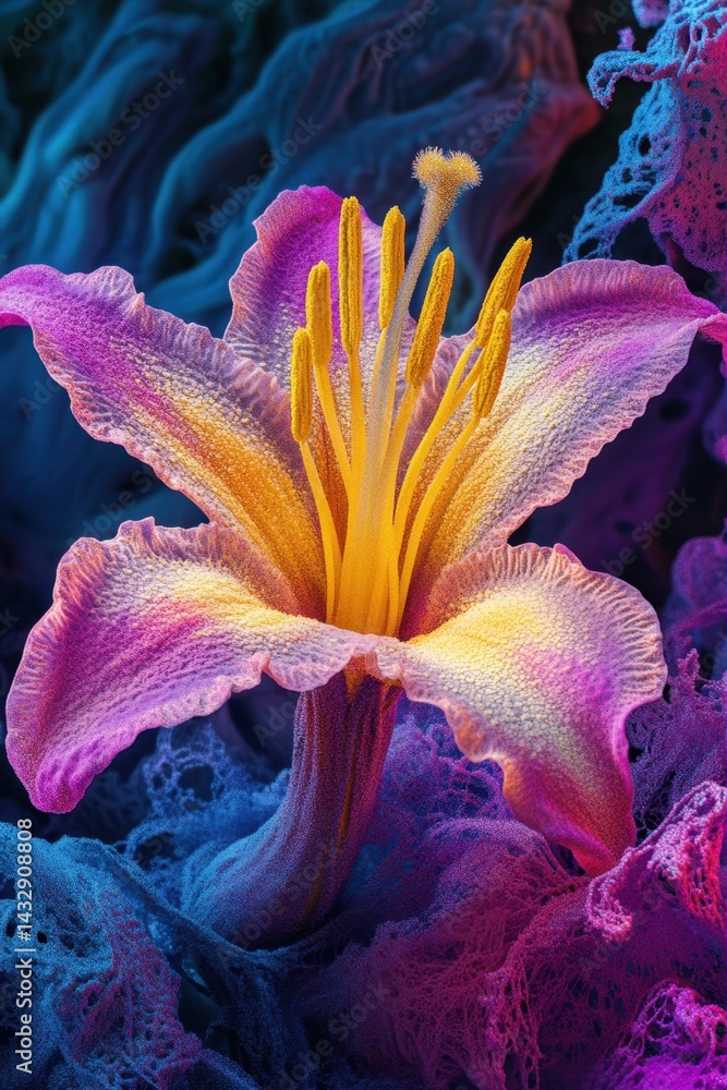 Poster captivating macro shot of a vibrant lily flower showcasing its intricate details and vivid color pal