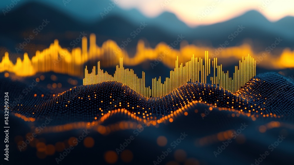 Poster abstract data visualization of city landscape with golden data streams, sunset backdrop