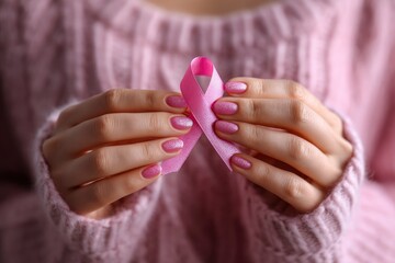 Pink Ribbon Held by Woman in Sweater