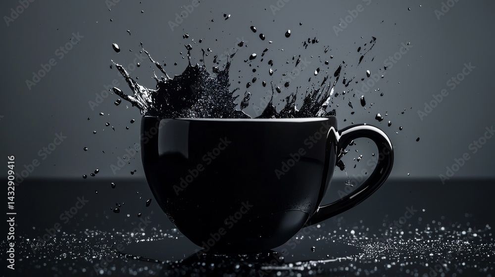 Poster a dynamic splash captured from a black cup, showcasing movement and contrast.
