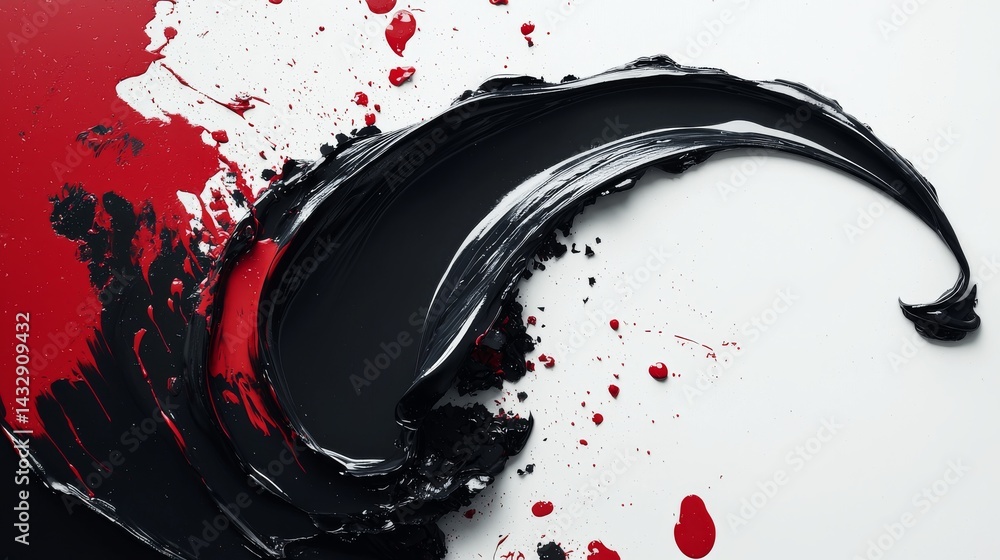 Poster a dynamic swirl of black and red paint creating an abstract, striking composition.