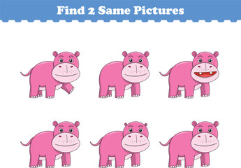 Funny cartoon hippopotamus. Find two same pictures. Educational game for children. Cartoon vector illustration